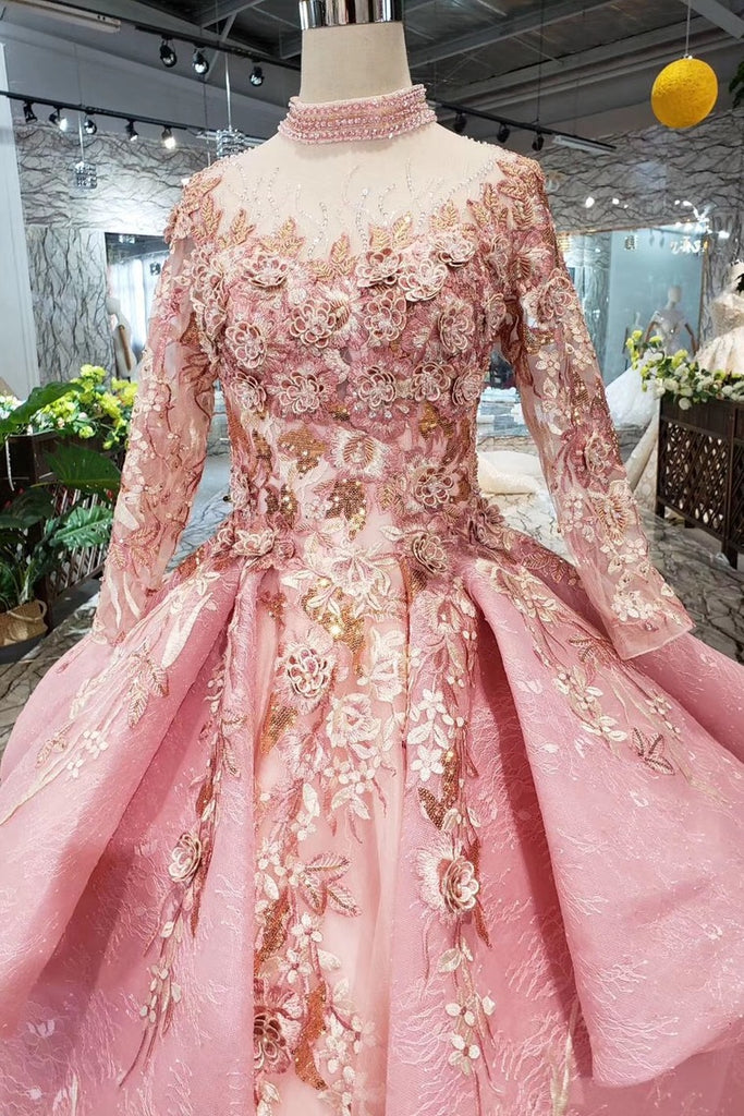 Pink New Prom Dresses Long Sleeves Ball Gown With Applique&Beads Quinceanera Dresses N1641