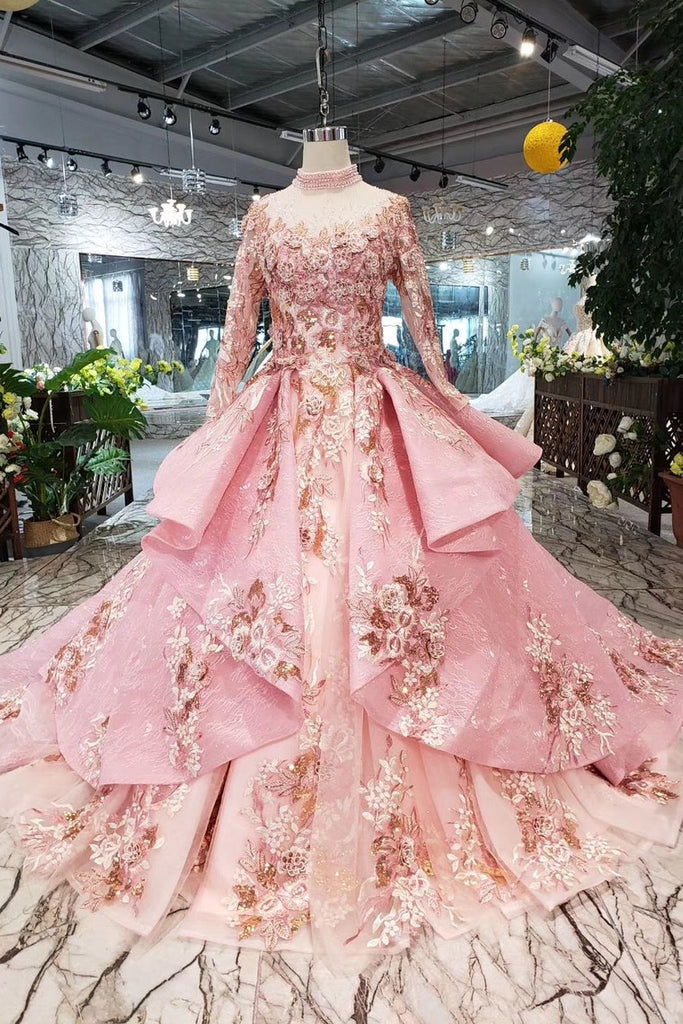 New Prom Dresses Long Sleeves Ball Gown With Applique&Beads Quinceanera Dress N1641