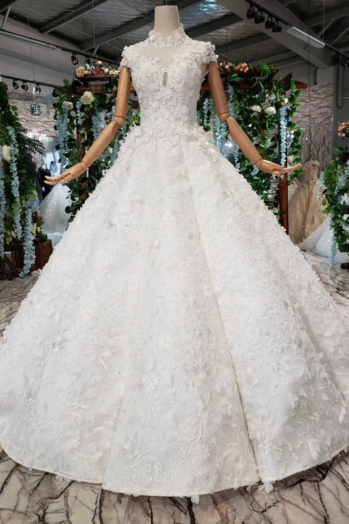 Gorgeous High Neck Ball Gown Lace Wedding Dress, Long Big Wedding Gown with Sequins N1651