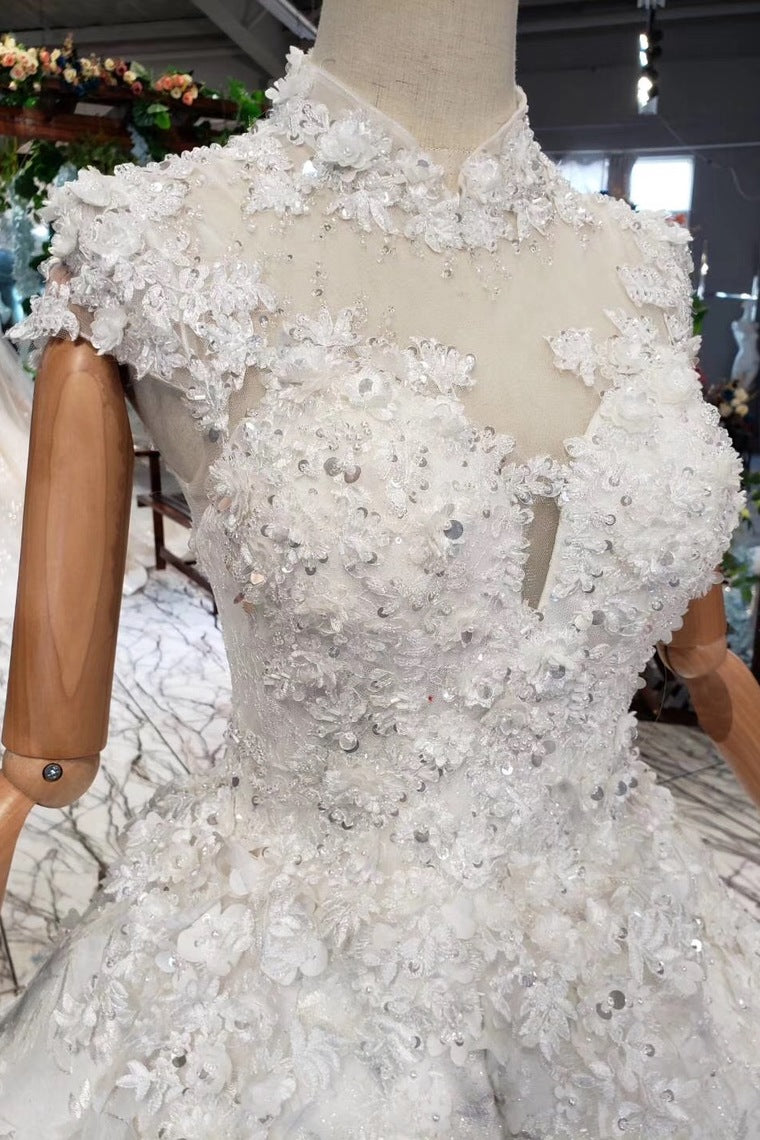 Gorgeous High Neck Ball Gown Sequined Long Big Lace Wedding Dresses