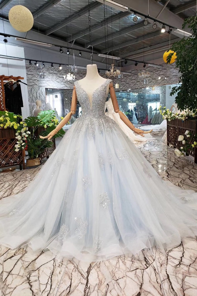 Ball Gown Deep V Neck Sleeveless Tulle Wedding Dress with Beading, Prom Dresses N1671