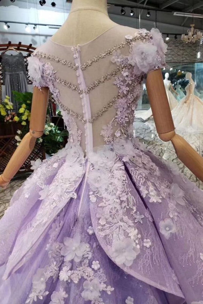 Gorgeous Lilac Ball Gown Short Sleeve Prom Dresses with Long Train