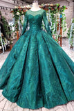 Dark Green Long Sleeves Ball Gown Prom Dress with Beads, Quinceanera Dress N1713