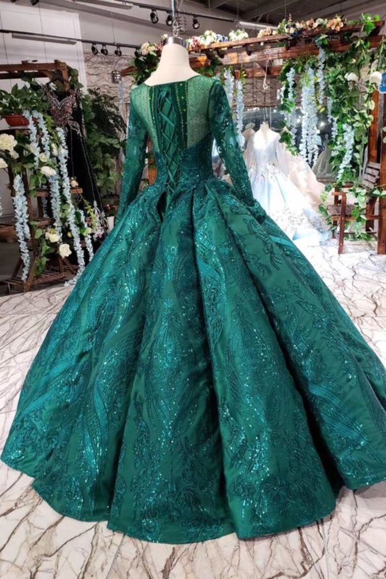 Dark Green Long Sleeves Ball Gown Prom Dresses with Beads Quinceanera Dresses N1713