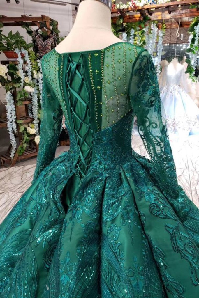 Dark Green Long Sleeves Ball Gown Prom Dresses with Beads Quinceanera Dresses N1713