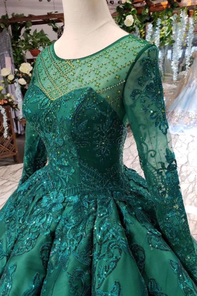 Dark Green Long Sleeves Ball Gown Prom Dresses with Beads Quinceanera Dresses N1713