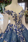 Ball Gown Prom Dress Sheer Neck Long Sleeves Lace Up Back Sequins Appliques N1715