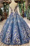Ball Gown Prom Dress Sheer Neck Long Sleeves Lace Up Back Sequins Appliques N1715