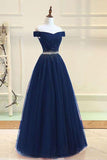 Off the Shoulder Tulle Long Prom Dresses with Rhinestones Burgundy Formal Dresses N1544
