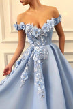 A Line Off the Shoulder Long Prom Dresses With Flower Appliques