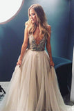 See Through Neckline Sleeveless Long Prom Dress with Beads, A Line Tulle Wedding Dress N1401