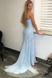 Light Sky Blue Mermaid Strapless Split Prom/Formal Dresses With Lace Appliques N2528