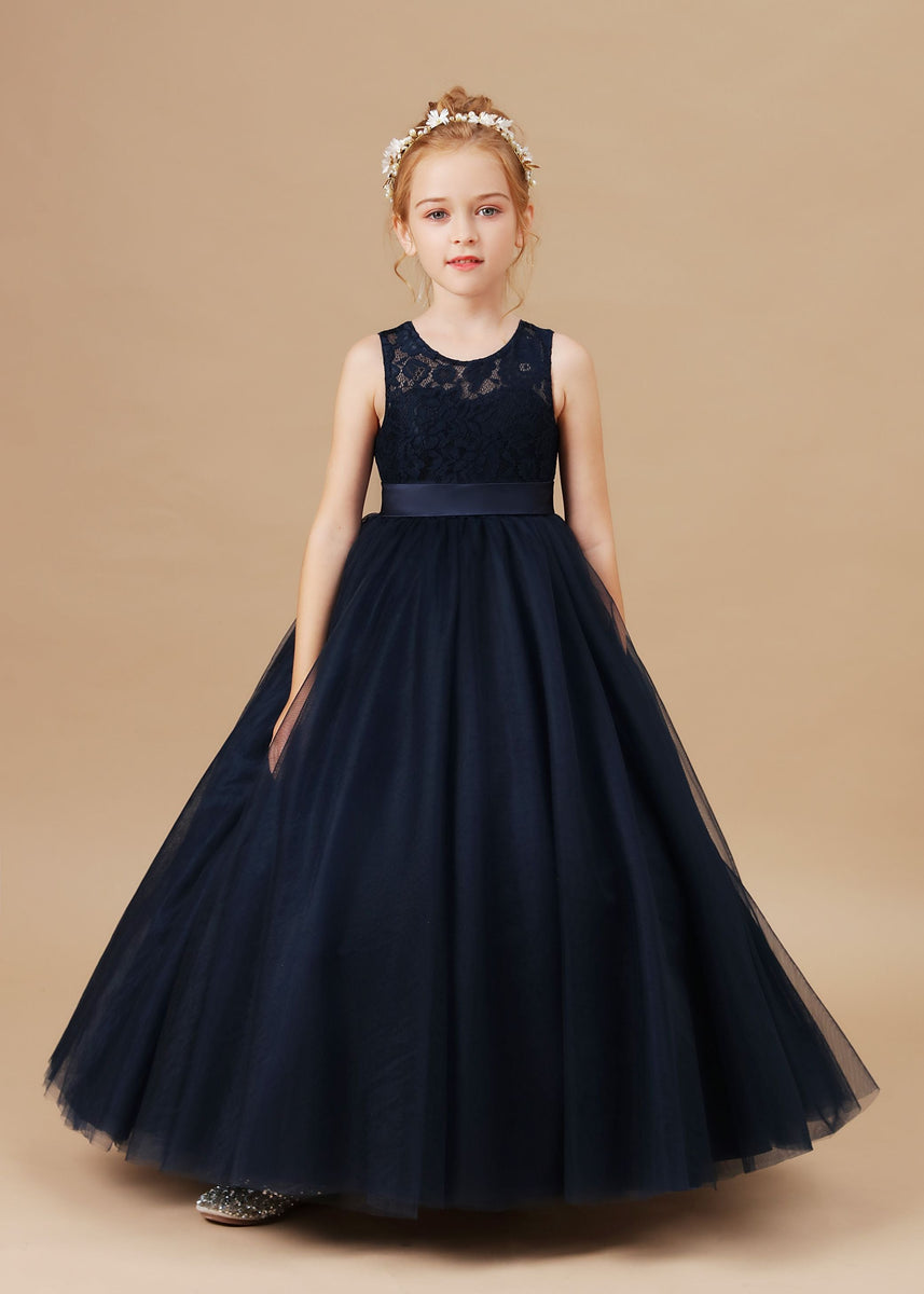 Pretty Sleeveless Lace Tulle Flower Girl Dresses With Bownot ...