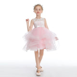 Pink Layered V Back Tulle Short Flower Girl Dresses