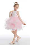 Pink Layered V Back Tulle Short Flower Girl Dresses