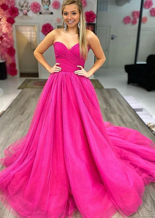 Strapless A Line Sweetheart Evening Dress Formal Dress Tulle Long Prom Dress