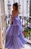 Purple A Line Straps Tulle Layered Evening Formal Dresses Long Prom Dresses