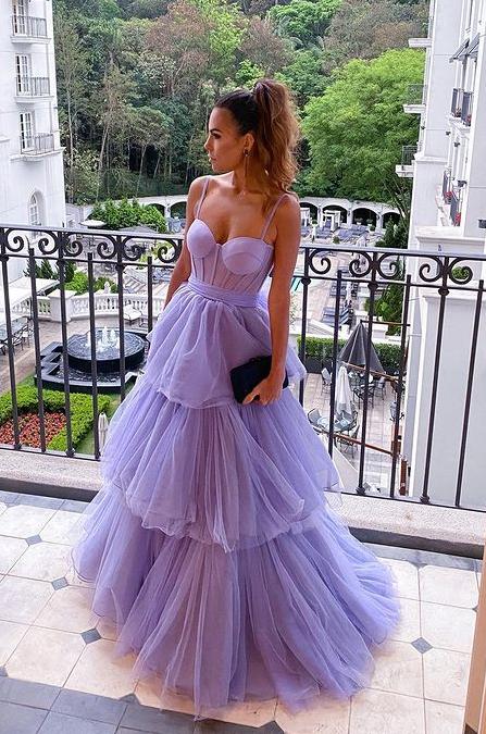 Purple A Line Straps Tulle Layered Evening Formal Dresses Long Prom Dresses