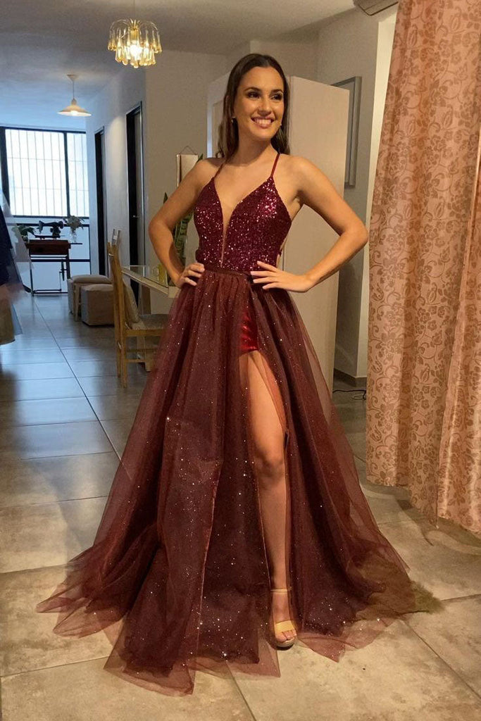 Spaghetti Straps A Line Burgundy Tulle Long Prom Dress With Slit