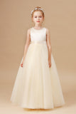 Champagne Sleeveless Tulle Satin Flower Girl Dresses With Bow