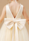 Champagne Sleeveless Tulle Satin Flower Girl Dresses With Bow