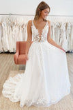 A Line V-neck Tulle Wedding Dresses with Appliques N098