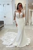 Elegant Mermaid Scoop Neck Elastic Satin Wedding Dress with Lace N114