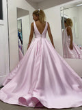 Light Pink Satin V-Neck Ball Gown Long Lace Appliques Evening Dress Prom Dress