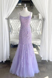 Lilac Spaghetti Straps Long Lace Tulle Evening Dress Mermaid Appliques Prom Dress
