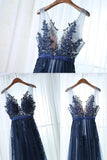 Dark Blue A Line Tulle Prom Dresses with V Back Floor Length Sleeveless Dresses with Appliques N2674