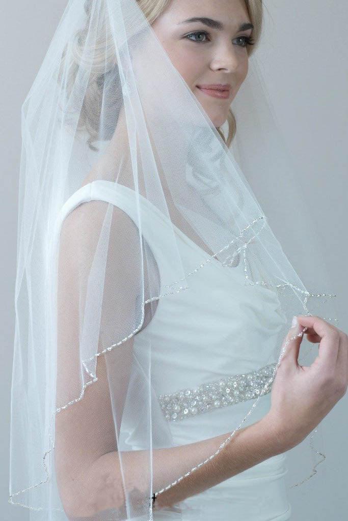 2 Tiers Beaded Wedding Veil with Blusher Fingertip, Beading Edge Bridal Veil V020