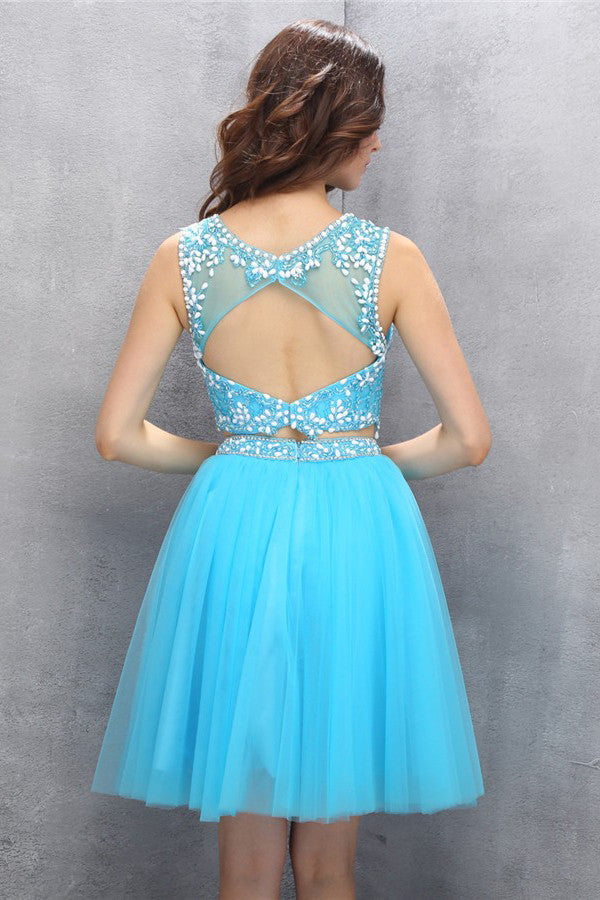 Two Piece Organza Open Back Beaded Homecoming Prom Dresses ED73