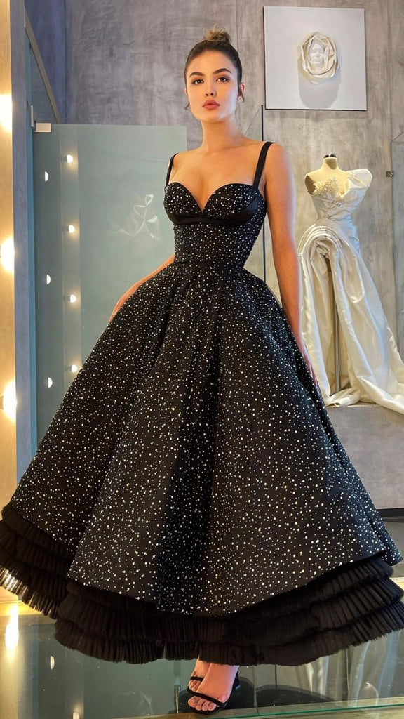 A Line Black Ankle Length Evening Dresses Ruffles Prom Dress