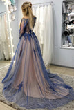A Line Tulle Purple Long Sleeves Appliques Formal Evening Dress Long Prom Dress