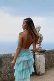 Fashion Halter Ruffles Chiffon Long Party Dress Tulle Prom Dress with Slit