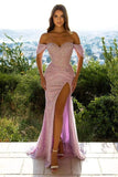 Pink Off-the-Shoulder Sequins Mermaid Prom Dresses Split PD0479