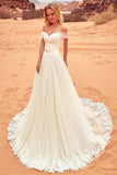 Charming Off the Shoulder Tulle Long Beach Wedding Dress with Lace Appliques N2526