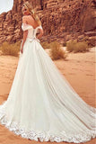 Charming Off the Shoulder Tulle Long Beach Wedding Dresses with Lace Appliques N2526