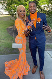 V-Neck Fashion Party Dresses Long Sleeves Orange Mermaid Prom Dresses PD0567