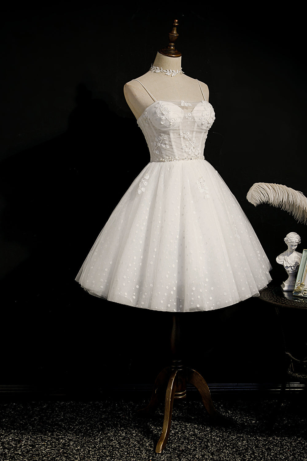 A Line Ivory Spaghetti Straps Beaded Tulle Princess Homecoming Dresses