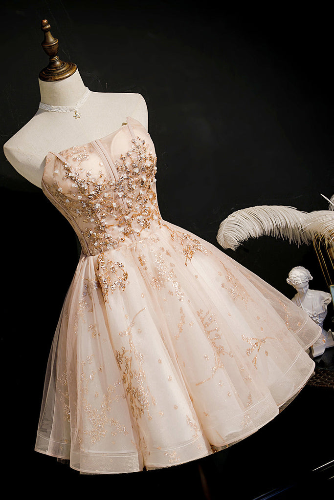 Champagne Strapless Sequins Tulle Short Homecoming Dress