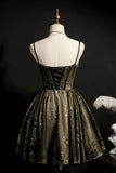 Elegant Black Spaghetti Strap Sequins Tulle Short Homecoming Dress