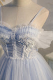 Spaghetti Straps Light Blue Lace Appliques Tulle Princess Homecoming Dresses