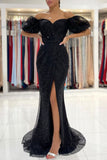Black Off the Shoulder Mermaid Sequined Slit Formal Evening Dress Long Prom Dress