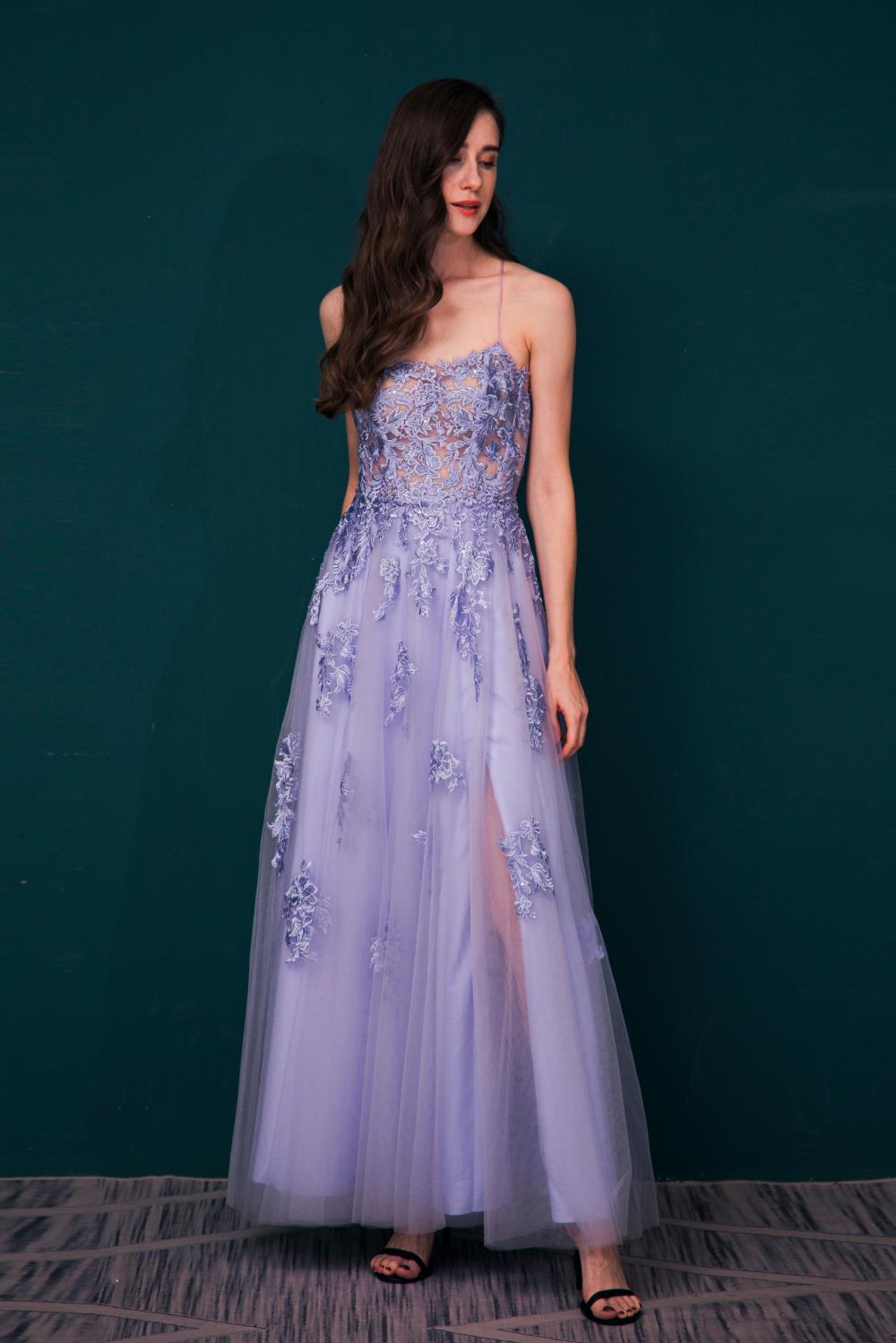 Spaghetti Straps Backless Tulle Prom Dresses With Appliques Y361031