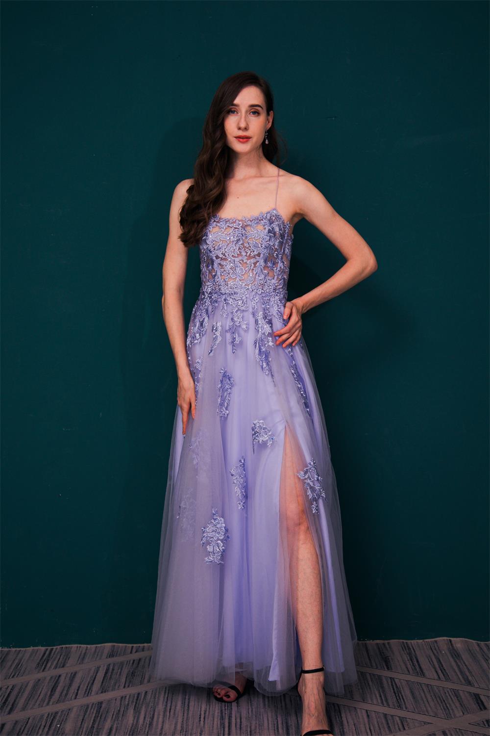 Spaghetti Straps Backless Tulle Prom Dresses With Appliques Y361031