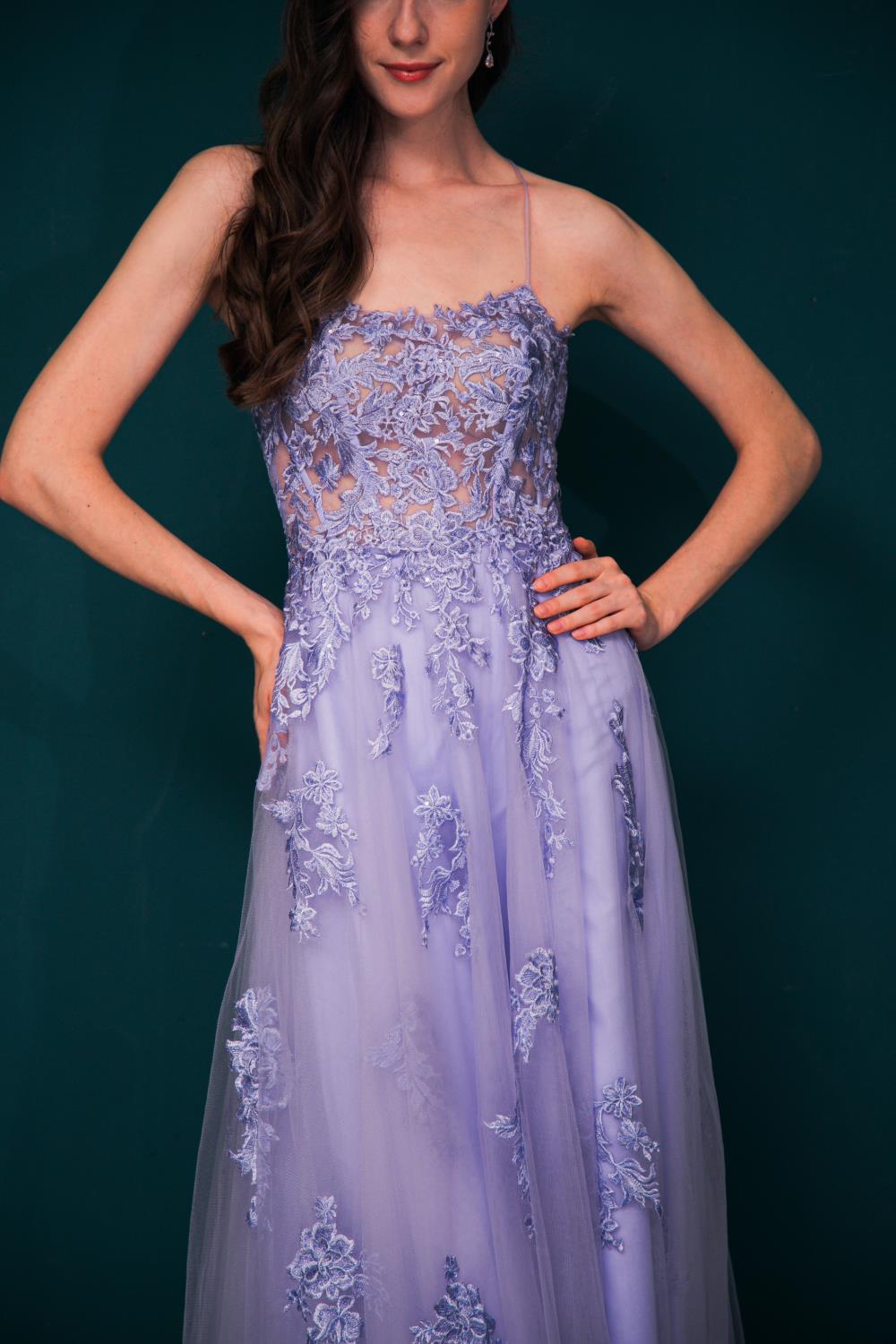 Spaghetti Straps Backless Tulle Prom Dresses With Appliques Y361031