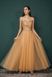 Glitter Gold Scoop Neckline Beading Tulle Long Prom Dresses Y361044