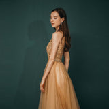 Glitter Gold Scoop Neckline Beading Tulle Long Prom Dresses Y361044