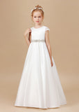 A Line Ivory Satin Cap Sleeve Flower Girl Dresses With Rhinestones